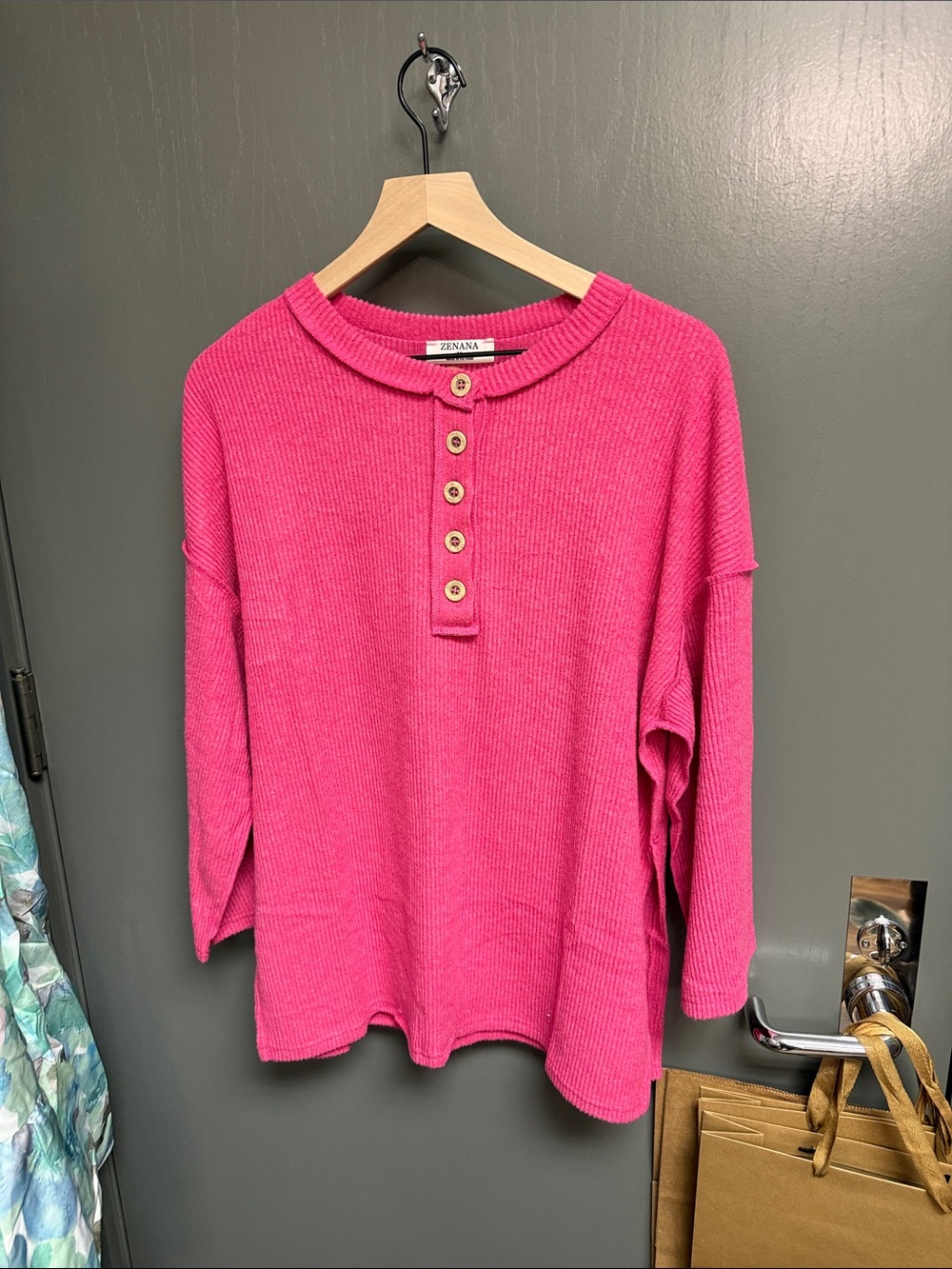 Zenana Outfitters Hot Pink Henley Waffle Knit Sweater